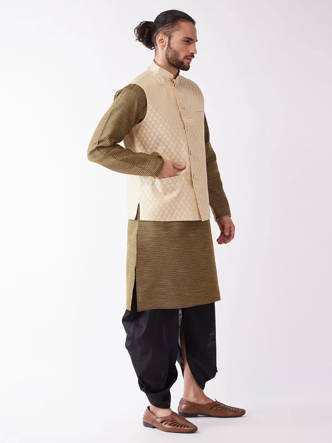 VASTRAMAY Men's Cream Silk Blend Jacket With Kurta Dhoti Set