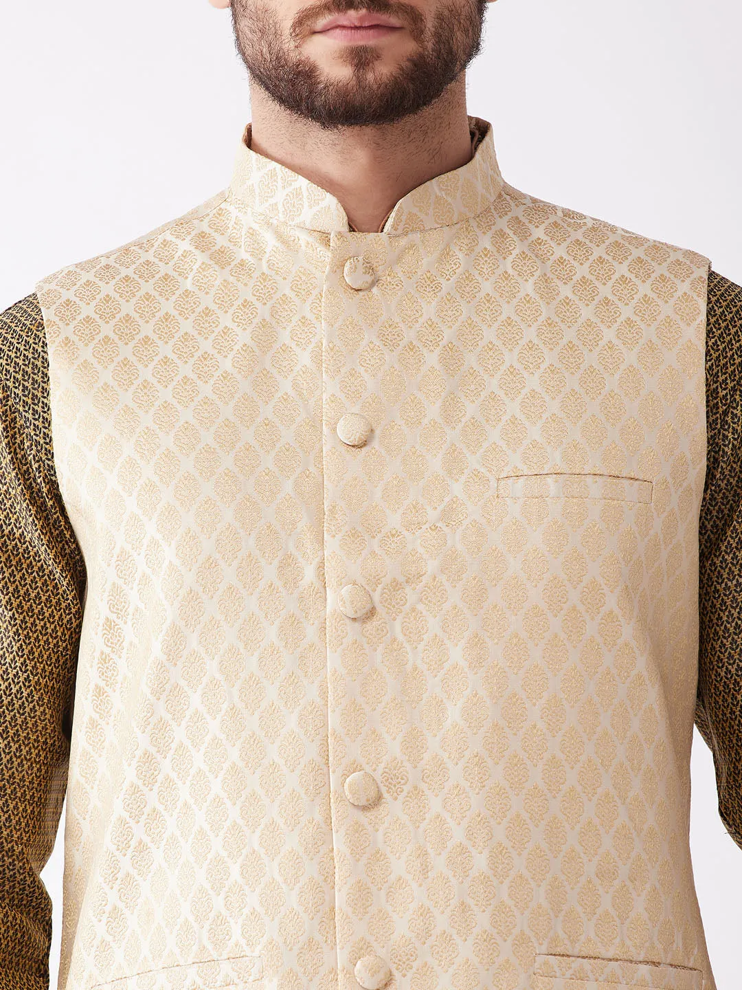 VASTRAMAY Men's Cream Silk Blend Jacket With Kurta Dhoti Set